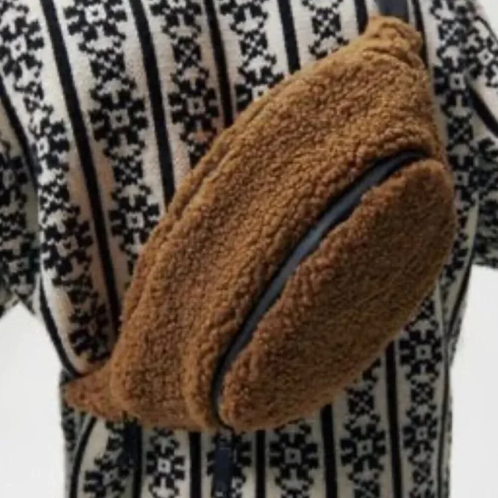 Zara Man Camel Brown Faux Shearling Belt Bag SIZE M 3507/921/117
